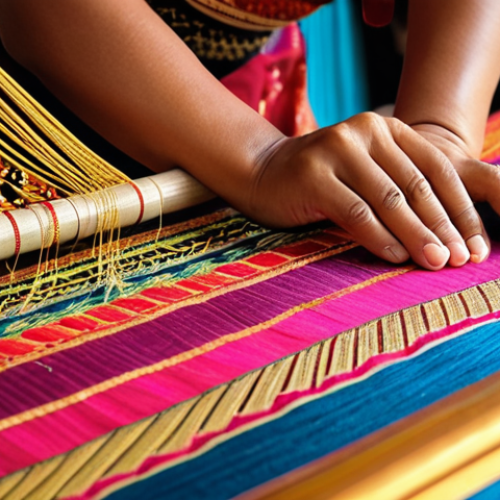 Home 8 ** A close-up shot of a skilled artisan in Kuala Terengganu meticulously weaving a vibrant *songket* fabric, highlighting the intricate gold threads and the traditional loom. Focus on the detail and beauty of the fabric.
**
