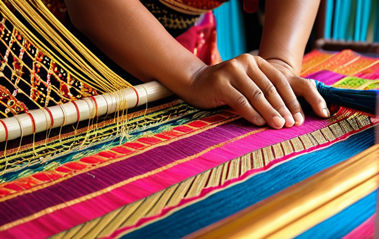 ** A close-up shot of a skilled artisan in Kuala Terengganu meticulously weaving a vibrant *songket* fabric, highlighting the intricate gold threads and the traditional loom. Focus on the detail and beauty of the fabric.
**