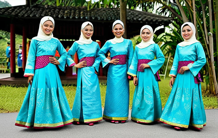 말레이시아의 전통 춤 조게트 - Joget Dancers in Traditional Attire**

"A group of Malaysian dancers performing the Joget, fully clo...
