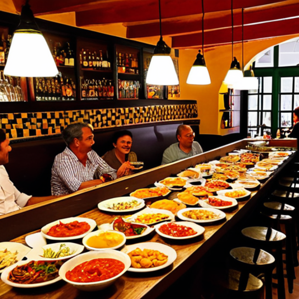 말레이시아 현지식과 서양식 레스토랑 비교 - A Vibrant Tapas Bar Scene in Seville**
"A bustling tapas bar in Seville, Spain, filled with happy p...