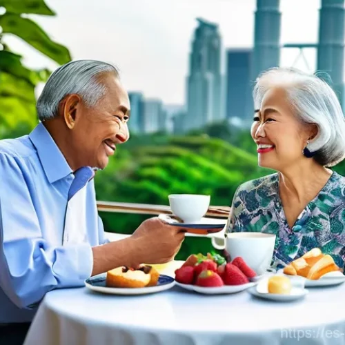 Home 14 말레이시아 은퇴 비자 프로그램 - **Prompt:** A serene and picturesque scene featuring a sophisticated senior couple, aged 65-70, enjo...
