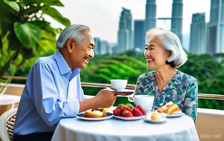 말레이시아 은퇴 비자 프로그램 - **Prompt:** A serene and picturesque scene featuring a sophisticated senior couple, aged 65-70, enjo...
