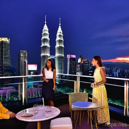 Home 1 말레이시아의 밤문화와 클럽 추천 - **Kuala Lumpur Rooftop Sunset:** A sophisticated rooftop bar in Kuala Lumpur at dusk, overlooking a ...