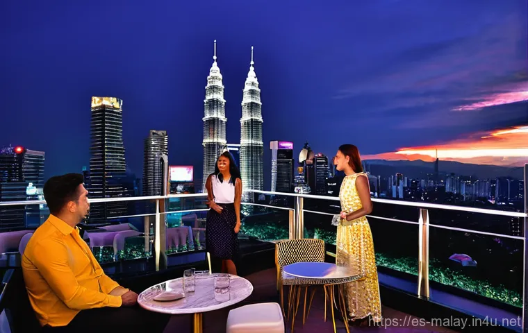 말레이시아의 밤문화와 클럽 추천 - **Kuala Lumpur Rooftop Sunset:** A sophisticated rooftop bar in Kuala Lumpur at dusk, overlooking a ...